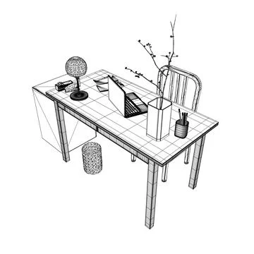 Empty Workplace wireframe, Desk Chair Computer Workspace Office No People. Stock Illustration