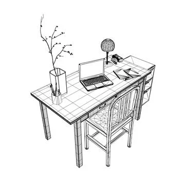 Empty Workplace wireframe, Desk Chair Computer Workspace Office No People. Illustrazione stock