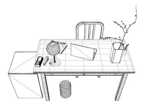 Empty Workplace wireframe, Desk Chair Computer Workspace Office No People. Stock Illustration