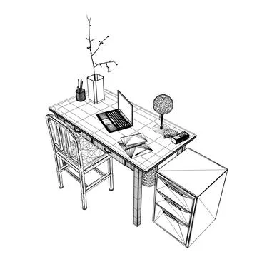 Empty Workplace wireframe, Desk Chair Computer Workspace Office No People. Stock Illustration