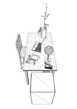 Empty Workplace wireframe, Desk Chair Computer Workspace Office No People. Stock Illustration