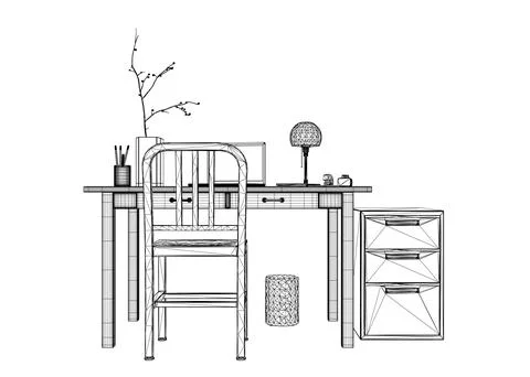 Empty Workplace wireframe, Desk Chair Computer Workspace Office No People. Stock Illustration
