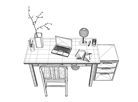 Empty Workplace wireframe, Desk Chair Computer Workspace Office No People. Stock Illustration