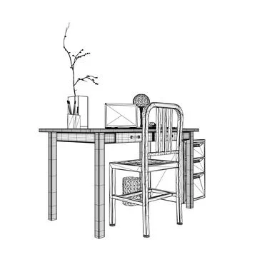 Empty Workplace wireframe, Desk Chair Computer Workspace Office No People. Stock Illustration