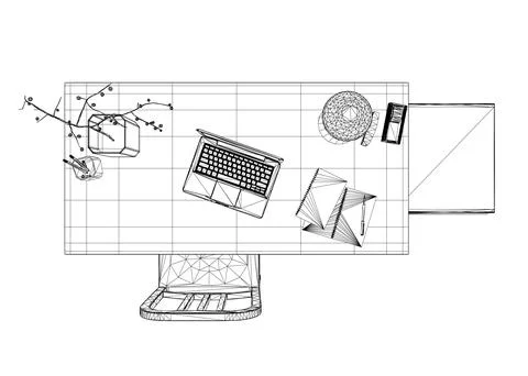 Empty Workplace wireframe, Desk Chair Computer Workspace Office No People. Stock Illustration