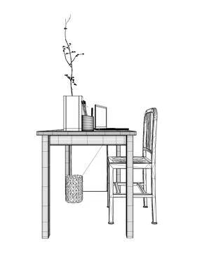 Empty Workplace wireframe, Desk Chair Computer Workspace Office No People. Stock Illustration