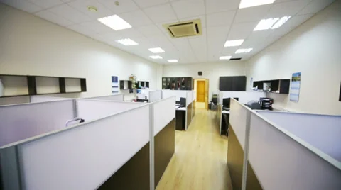 Empty workplaces with computers and separated by partitions Stock Footage 38163191