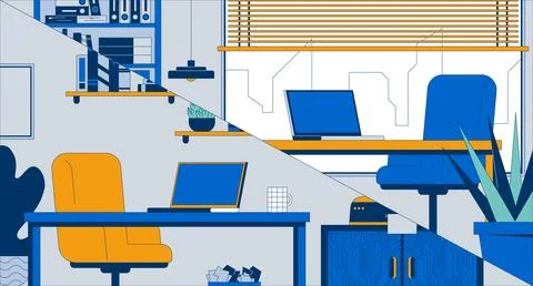 Empty workplaces for virtual meeting laptops flat illustration 스톡 일러스트