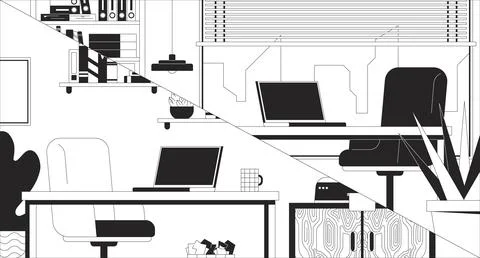 Empty workplaces for virtual meeting laptops black and white line illustratio 스톡 일러스트