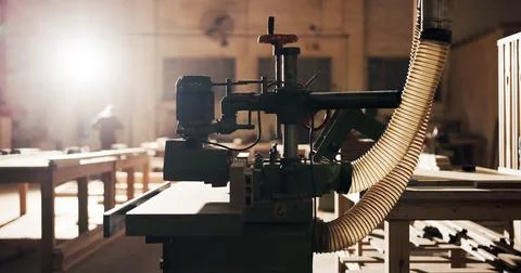 Empty, workshop and machine for carpentry, woodworking and precision cuttin.. Stock Photos