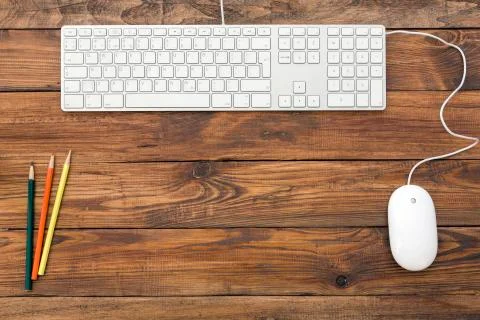 Empty workspace on wooden table Stock Photos