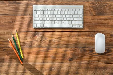 Empty workspace on wooden table Stock Photos
