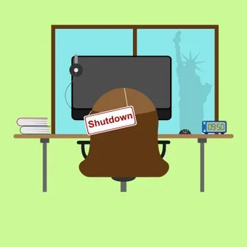 Empty workstation and a sign labeled Shutdown Stock Illustration