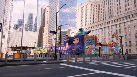Empty World Trade Center Mural Project Bright Glass Skyscraper NYC Lockdown Stock Footage 128661719