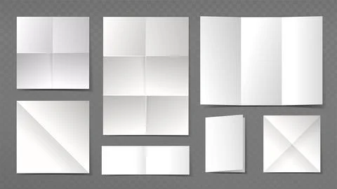 Empty wrinkled leaflets set. White envelopes. Square folded paper. Office or Stock Illustration