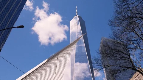 Empty WTC Oculus Tilting Up Down at One World Trade Center Coronavirus lockdown Stock Footage 128661713