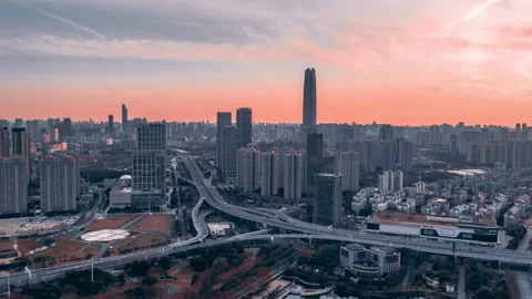 Empty Wuhan highways, coronavirus lockdown at sunset, China 4K aerial 動画素材 132317795