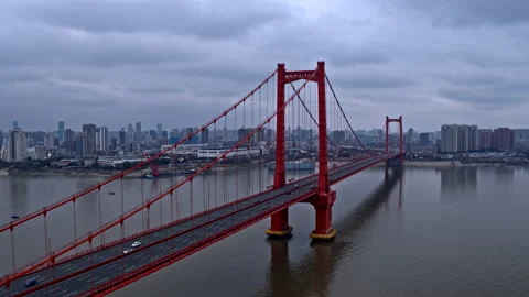 Empty Yangtze River bridge, Wuhan coronavirus lockdown, China 4K aerial Stock Footage 132014665