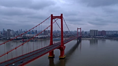Empty Yangtze River Bridge, Wuhan coronavirus lockdown, China 4K drone Stock Footage 132017280