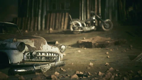 Empty yard featuring rusted vehicles and fading dusk ambiance Stock Footage 341568923