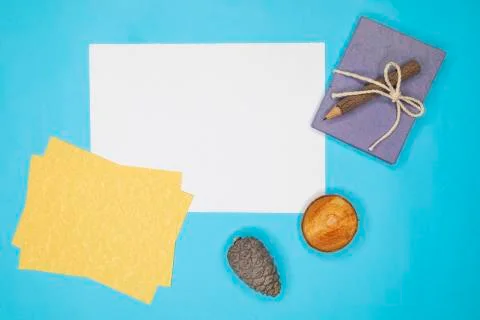 Empty yellow and white sheets for copying text at the workplace. top view or Stock Photos