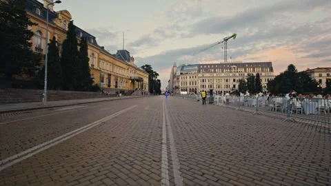 Empty Yellow Cobblestone Street in Sofia City Center at Sunset with Historical Stock-Footage 343326394