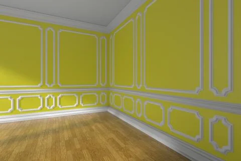 Empty yellow room corner with molding and parquet closeup Stock Illustration
