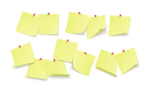 Empty yellow stickers with space for text or message stuck by clip to wall. r Stock Illustration