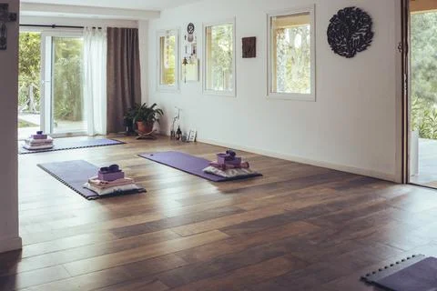 Empty yoga studio interior. Copy space. Stock Photos