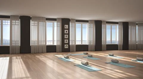 Empty yoga studio interior design, classic space, parquet floor, walls with s Stock Illustration