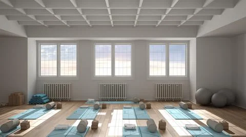 Empty yoga studio interior design architecture, classic open space, parquet,  Stock Illustration