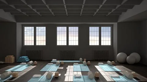 Empty yoga studio interior design architecture, classic open space, parquet,  Stock Illustration