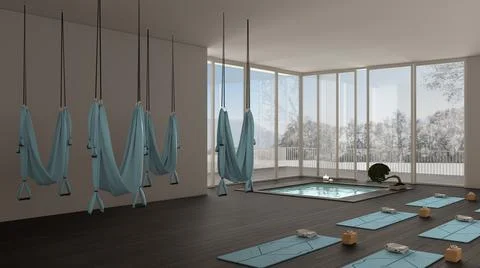 Empty yoga studio interior design, minimal open space with mats, hammocks and Illustrazione stock