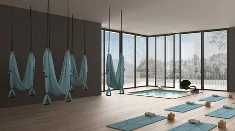 Empty yoga studio interior design, minimal open space with mats, hammocks and Illustrazione stock