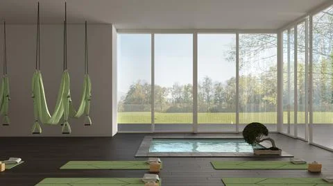 Empty yoga studio interior design, minimal open space with mats, hammocks and Stock Illustration