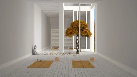 Empty yoga studio interior design, minimal open space with mats and accessori Stock Illustration
