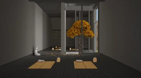 Empty yoga studio interior design, minimal open space with mats and accessori Stock Illustration