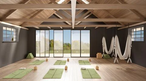Empty yoga studio interior design, minimal open space with mats, hammocks and Stock Illustration