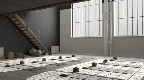 Empty yoga studio interior design, minimal industrial open space with iron st Stock Illustration