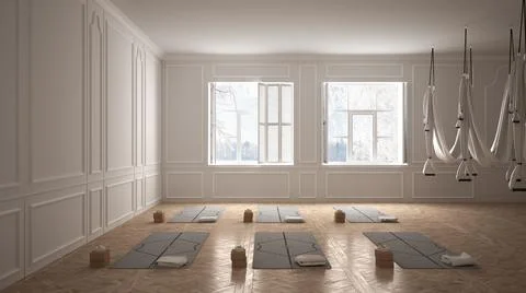 Empty yoga studio interior design, minimal classic space, parquet floor, wall Illustrazione stock