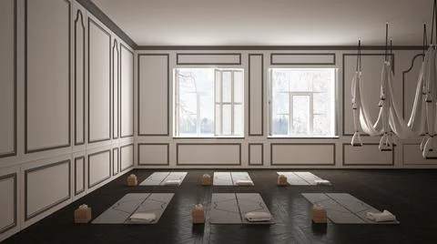 Empty yoga studio interior design, minimal classic space, parquet floor, wall Illustrazione stock