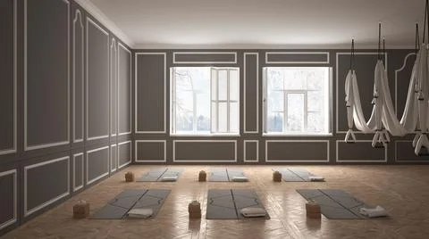 Empty yoga studio interior design, minimal classic space, parquet floor, wall Illustrazione stock