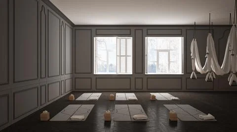 Empty yoga studio interior design, minimal classic space, parquet floor, wall Illustrazione stock
