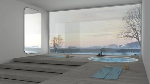 Empty yoga studio interior design, minimal space with stairs, round pool, par Stock Illustration
