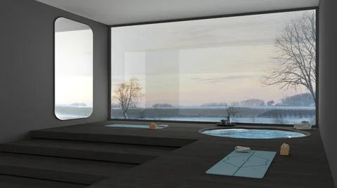 Empty yoga studio interior design, minimal space with stairs, round pool, par Stock Illustration