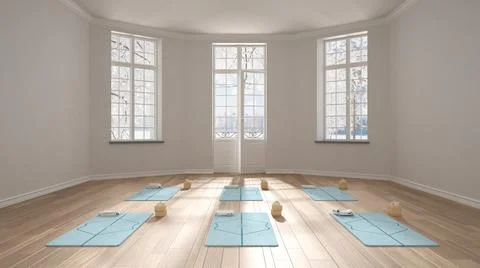 Empty yoga studio interior design, minimal classic space, parquet floor, wall Stock Illustration