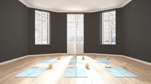 Empty yoga studio interior design, minimal classic space, parquet floor, wall Illustrazione stock