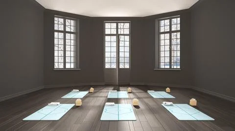 Empty yoga studio interior design, minimal classic space, parquet floor, wall Illustrazione stock