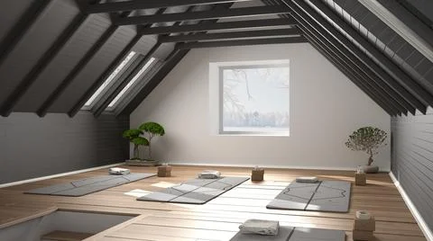 Empty yoga studio interior design, minimal open space with bonsai, mats and a Stock Illustration