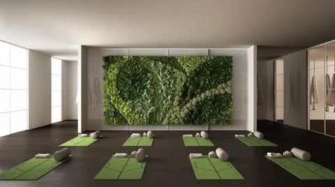 Empty yoga studio interior design, space with mats, hammocks, pillows and acc Stock Illustration